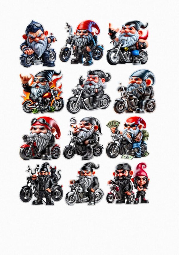 Une planche de stickers présentant quinze gnomes de jardin de style cartoon habillés en bikers avec des vestes en cuir, des tatouages, des lunettes de soleil et des casques, montant des motos personnalisées de différents styles, certains avec des flammes, des têtes de mort et d'autres accessoires de biker crées par véronique, créatrice de stickers