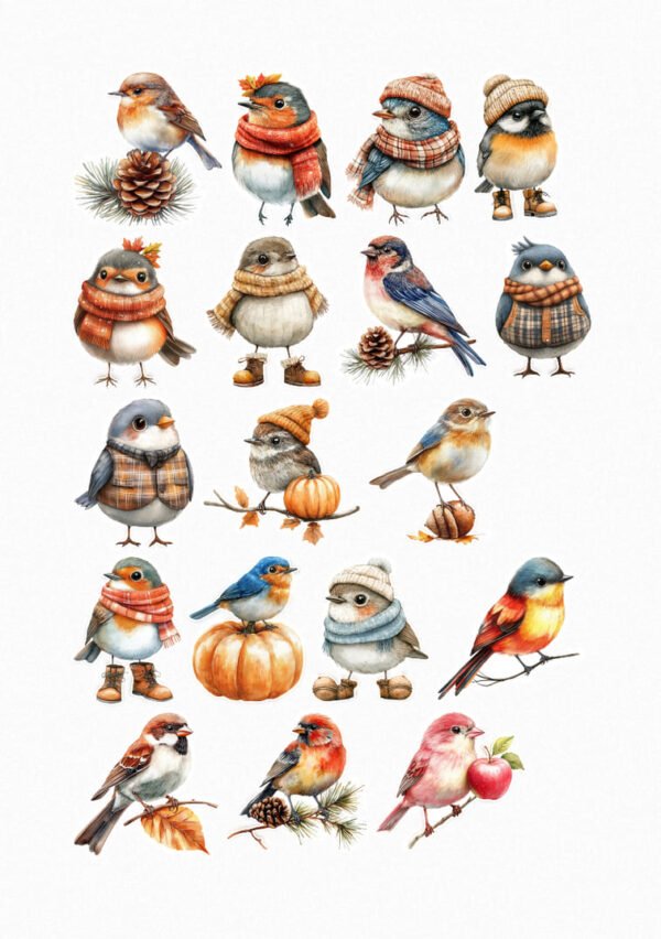 Une planche de seize stickers représentant des petits oiseaux ronds de style aquarelle, portant des écharpes, des bonnets et parfois des bottes, dans des ambiances automnales et hivernales avec des pommes de pin, des feuilles mortes, des citrouilles et des pommes. crées par véronique, créatrice de stickers