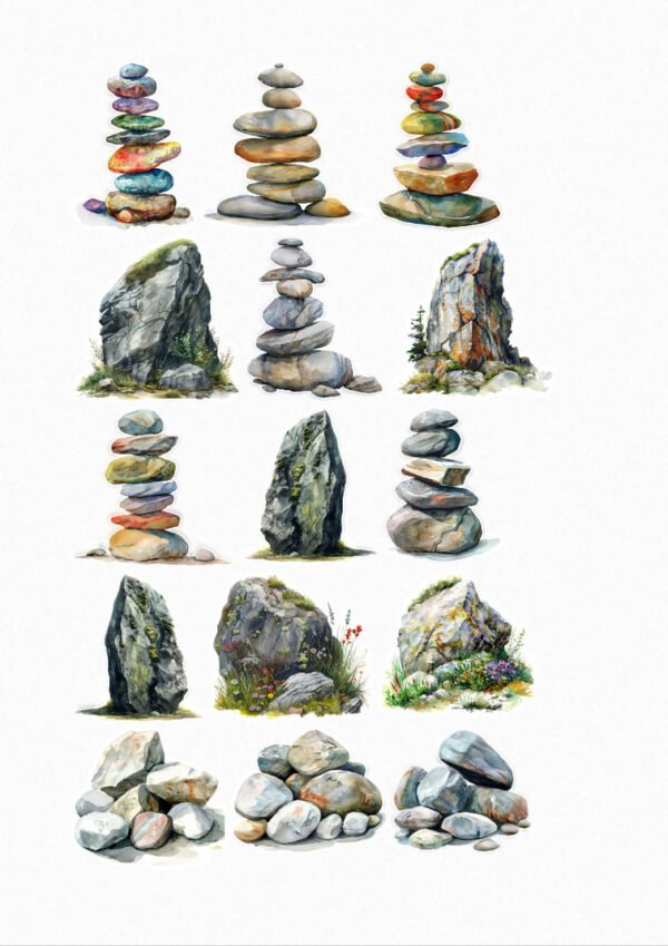 Une planche de quinze stickers représentant des pierres empilées en équilibre (cairns) de différentes formes et couleurs, ainsi que des rochers isolés couverts de mousse, de lichen et de végétation, évoquant la nature, le calme et la méditation crées par véronique, créatrice de stickers
