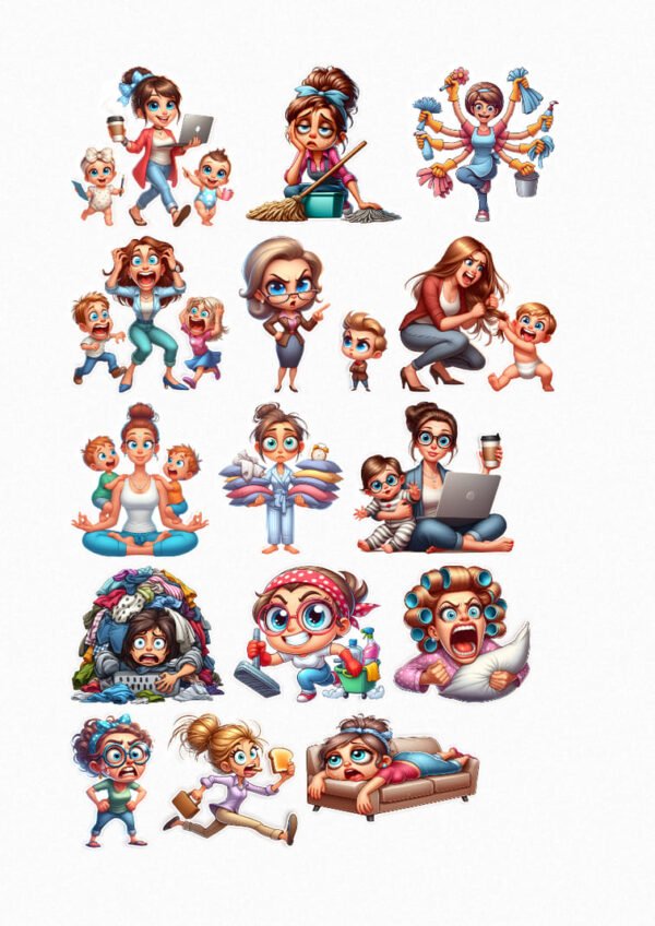Une planche de quinze stickers de mamans de style cartoon dans diverses situations de la vie quotidienne : jonglant avec des bébés et des tâches, épuisée par le ménage, coiffant un enfant, méditant au milieu du chaos, travaillant à la maison avec un bébé, submergée par le linge, faisant le ménage avec énergie, criant dans un oreiller, courant après des enfants, dormant sur le canapé. Les illustrations sont colorées et expressives crées par véronique créatrice de stickers