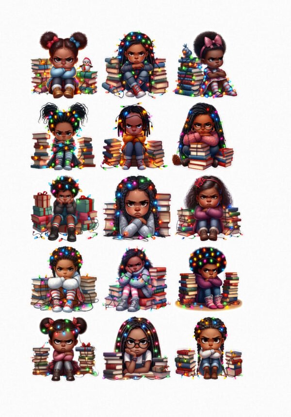 Une planche de quinze stickers représentant des petites filles afro-américaines de style cartoon avec des expressions boudeuses ou contrariées, assises au milieu de piles de livres et décorées de guirlandes lumineuses de Noël colorées. Certains stickers incluent de petits cadeaux ou un bonhomme de neige crées par véronique, créatrice de stickers