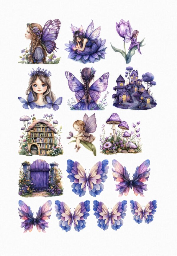 Une planche de quinze stickers représentant des fées de style aquarelle aux cheveux bruns ou violets, avec des ailes de papillon violettes, dans des scènes oniriques : assises sur des fleurs, près de châteaux fantastiques, entourées de papillons violets. On voit également des illustrations de papillons violets et bleus et d'éléments de contes de fées (fleurs violettes, champignons magiques, porte enchantée) crées par véronique, créatrice de stickers