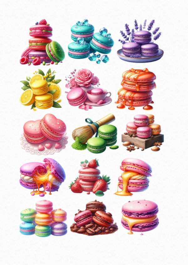 Une planche de quinze stickers représentant des macarons colorés de différents parfums et présentations : empilés, décorés de fruits, avec des fleurs de lavande, accompagnés de citrons, de roses et d'une tasse de thé, avec du caramel coulant, en forme de cœur, avec de la poudre de matcha et un fouet en bambou, sur une planche en bois, avec du miel coulant, avec des fraises, avec du chocolat et des grains de café. crées par véronique, créatrice de stickers