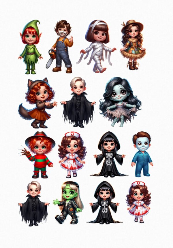 Une planche de seize stickers présentant des enfants de style cartoon déguisés en différentes créatures d'Halloween : lutin vert, garçon avec une tronçonneuse, momie, épouvantail, fille loup-garou, vampire, mariée fantôme, clown effrayant, infirmière zombie, faucheuse, Michael Myers, vampire, Frankenstein, faucheuse, infirmière zombie. Chaque personnage a un design mignon et expressif crées par véronique, créatrice de stickers