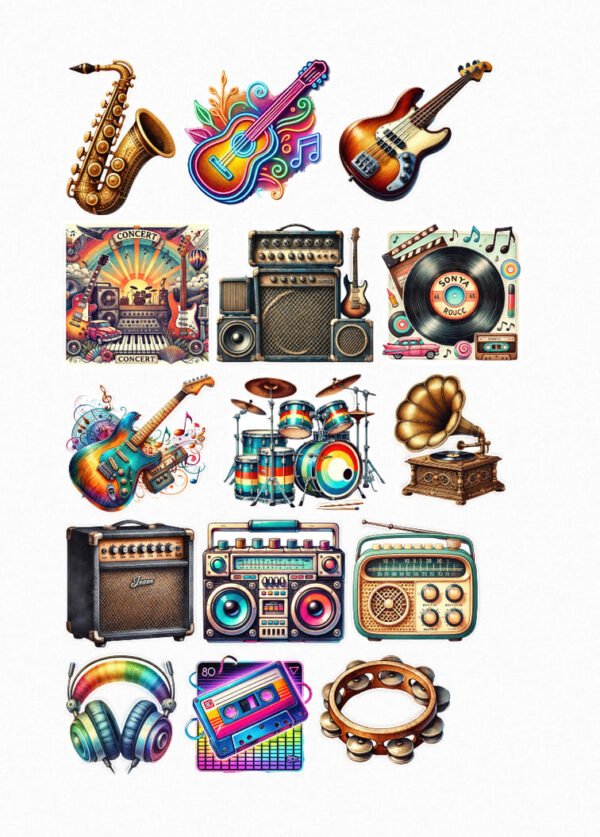 Une planche de quinze stickers représentant divers instruments de musique et objets liés à la musique pop rétro dans un style coloré : un saxophone, une guitare acoustique avec des notes de musique, une guitare basse, une affiche de concert vintage, un ampli avec une guitare électrique, un vinyle sur une platine, une guitare électrique avec des effets lumineux, une batterie colorée, un phonographe ancien, un ampli de guitare, un ghetto-blaster, une radio rétro, un casque audio arc-en-ciel, une cassette audio des années 80 et un tambourin. crées par véronique, créatrice de stickers