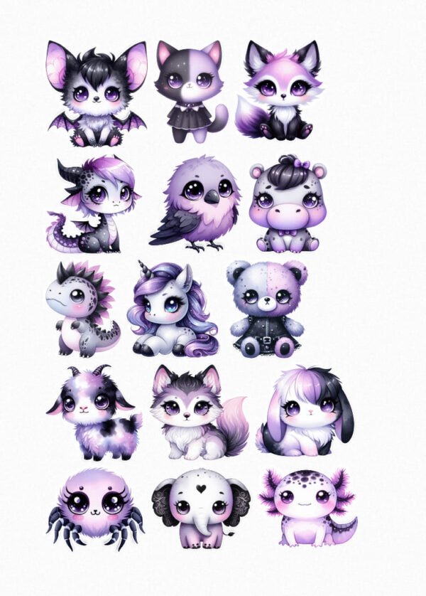 Une planche de seize stickers représentant des animaux mignons de style kawaii dans des tons de violet, de noir et de gris : une chauve-souris, un chat, un renard, un dragon, un oiseau, un hippopotame, un petit dinosaure, une licorne, un ours en peluche, une chèvre, un loup, un lapin, une araignée, un éléphant et un axolotl. Chaque animal a de grands yeux expressifs crées par véronique, créatrice de stickers