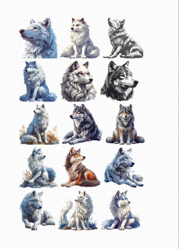 Une planche de quinze stickers représentant des portraits et des illustrations de loups de style aquarelle. Les loups ont différentes couleurs de pelage (blanc, gris, noir, brun) et sont représentés dans diverses poses : assis, regardant sur le côté ou fixant l'observateur. Certains sont entourés d'éléments naturels comme de l'herbe ou des feuilles. crées par véronique créatrice de stickers