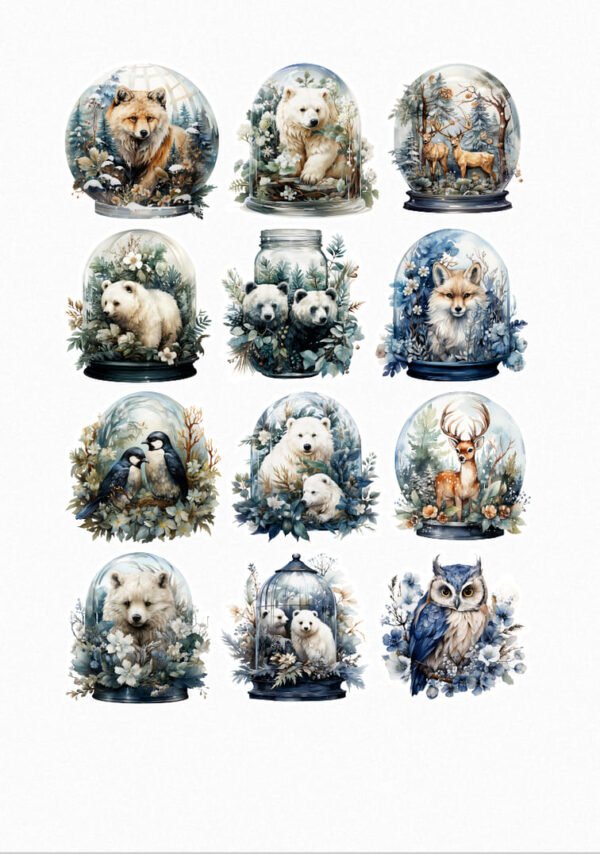 Une planche de douze stickers représentant des scènes hivernales féeriques dans des boules de neige et des bocaux en verre : un renard roux dans une forêt enneigée, un ours polaire assis dans la neige, un cerf dans une forêt enneigée, un bébé ours polaire dormant, deux pandas dans un bocal décoré, un renard arctique dans un paysage hivernal bleu, deux manchots empereurs dans la neige, une famille d'ours polaires, un cerf majestueux dans la neige, un renard arctique dans la neige, deux bébés ours polaires dans une cage décorée et un hibou grand-duc dans un paysage hivernal bleu crées par véronique créatrice de stickers