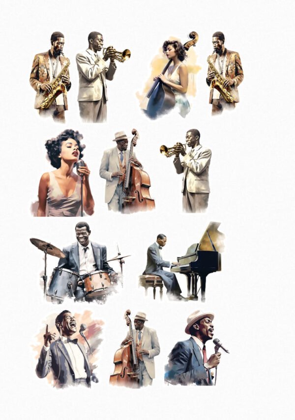 Une planche de douze stickers représentant des musiciens de jazz de style aquarelle : des saxophonistes (hommes), un trompettiste (homme), une contrebassiste (femme), une chanteuse avec un micro vintage, un contrebassiste (homme) avec son instrument, un trompettiste (homme), un batteur derrière sa batterie, un pianiste devant son piano à queue et un chanteur avec un micro. Chaque musicien est représenté avec passion et expressivité. crées par véronique, créatrice de stickers