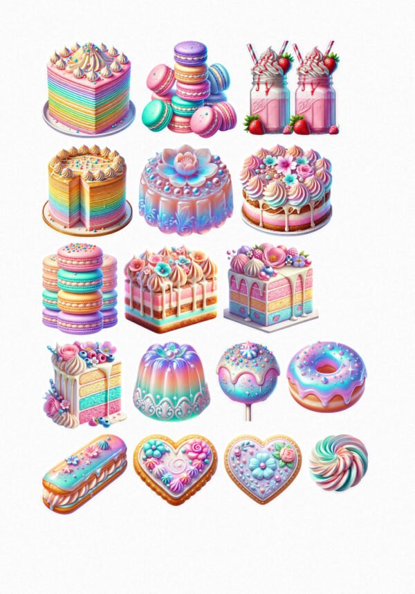 Une planche de quinze stickers représentant une variété de desserts et de douceurs dans des tons pastel : gâteaux à rayures arc-en-ciel, macarons empilés, milkshakes aux fraises, gâteaux décorés de fleurs, charlottes colorées, cake pops scintillants, donuts glacés, éclairs décorés, biscuits en forme de cœur décorés de fleurs et une sucette tourbillonnante. crées par véronique, créatrice de stickers