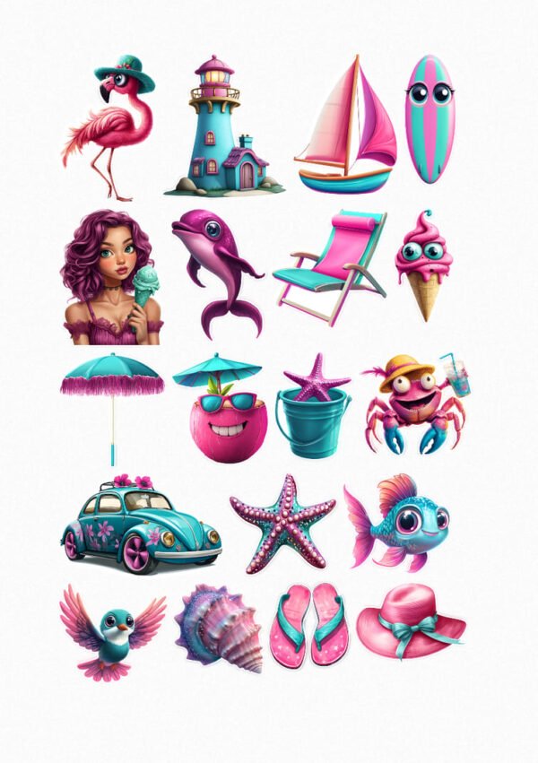 Une planche de vingt stickers représentant des éléments de l'été dans un style cartoon et coloré : un flamant rose avec un chapeau, un phare sur une île, un voilier, une planche de surf rayée, une jeune femme mangeant une glace, un dauphin souriant, une chaise longue rose, une glace monstrueuse, un parasol, une pastèque souriante avec des lunettes de soleil, un seau de plage avec une étoile de mer, un crabe avec un chapeau de paille, une voiture décorée de fleurs, une étoile de mer, un poisson tropical, un oiseau rose, un coquillage, des tongs et un chapeau de soleil. crées par véronique, créatrice de stickers