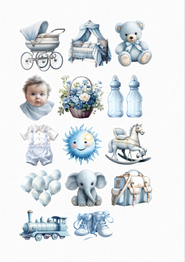 Une planche de seize stickers représentant des éléments pour bébé garçon dans des tons de bleu et de blanc de style aquarelle : un landau, un berceau, un ours en peluche, un bébé garçon, un panier de fleurs bleues et blanches, deux biberons, un ensemble de vêtements pour bébé, un soleil souriant, un cheval à bascule, des ballons, un éléphant en peluche, un sac à langer, un train jouet et des chaussons de bébé. crées par véronique, créatrice de stickers