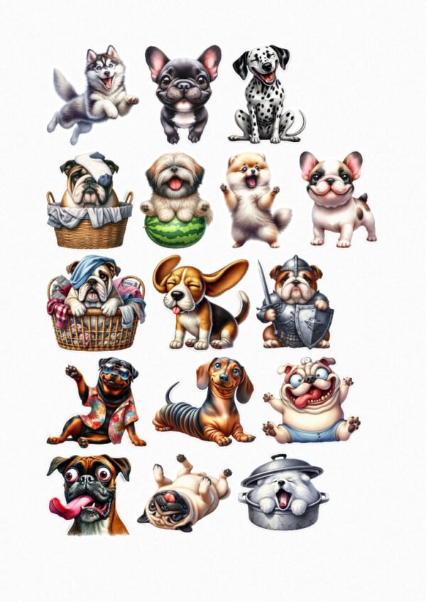 Une planche de seize stickers représentant des chiens de différentes races (husky, bouledogue français, dalmatien, bouledogue anglais, shih tzu, poméranien, bouledogue français bringé, basset hound, bouledogue anglais en armure, carlin, teckel, chihuahua, boxer, pug, bouledogue français dans une cocotte) dans des poses variées et expressives. crées par véronique, créatrice de stickers