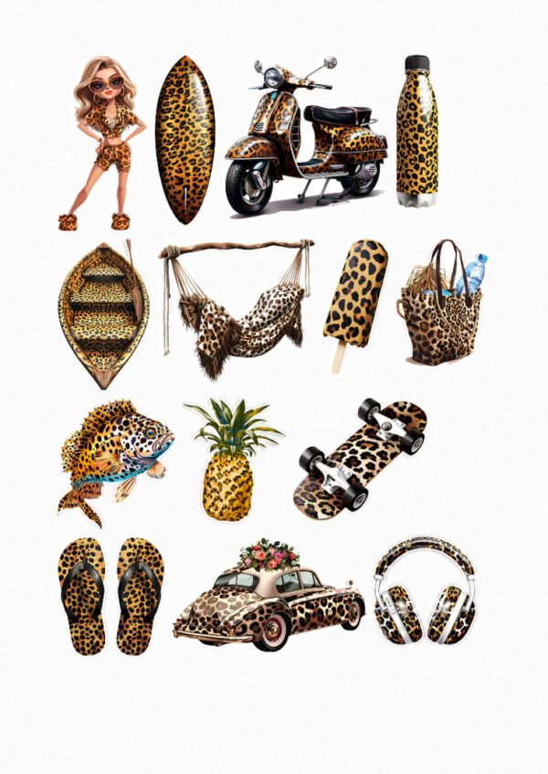 Une planche de seize stickers représentant divers objets et éléments avec un motif léopard : une jeune femme en ensemble léopard, une planche de surf, un scooter, une gourde, un bateau, un hamac, une glace, un sac de plage avec des accessoires, un poisson, un ananas, un skateboard, des tongs, une voiture décorée de fleurs et un casque audio. crées par véronique, créatrice de stickers
