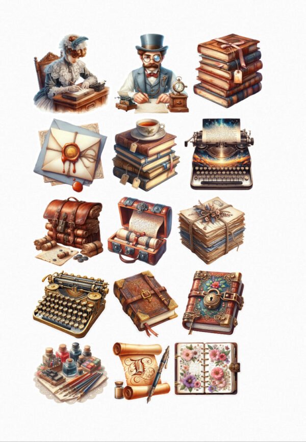 Une planche de seize stickers de style illustration détaillée ou peinture numérique, représentant des éléments associés à l'écriture et à la lecture dans une ambiance vintage et steampunk. On y voit des personnages élégants (hommes et femmes) écrivant à la plume ou sur des machines à écrire, des piles de livres anciens, des lettres scellées à la cire, des encriers, des plumes, des parchemins, des machines à écrire vintage, des sacs et coffres en cuir remplis de manuscrits, et un carnet ouvert avec des fleurs. Les couleurs sont des tons chauds de marron, ocre, doré, vert foncé et rouge. crées par véronique, créatrice de stickers