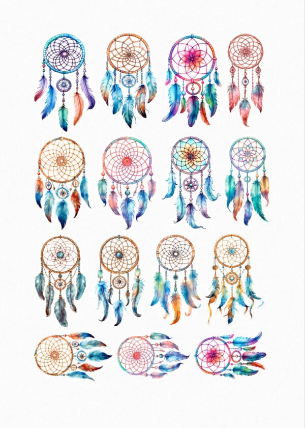 Une planche de seize stickers représentant des attrape-rêves de style aquarelle avec des motifs variés et des couleurs douces (bleu, rose, orange, marron). Chaque attrape-rêves est composé d'un cercle décoré, d'une toile intérieure et de plumes et de perles suspendues. Certains ont des formes plus allongées. crées par véronique, créatrice de stickers