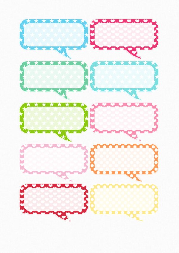 Une planche de dix stickers représentant des bulles de dialogue de style cartoon aux couleurs pastel variées (bleu, rose, vert, orange, jaune, rouge). Chaque bulle a un contour décoratif (étoiles ou cœurs) et un fond blanc prêt à être écrit ; crées par véronique, créatrice de stickers