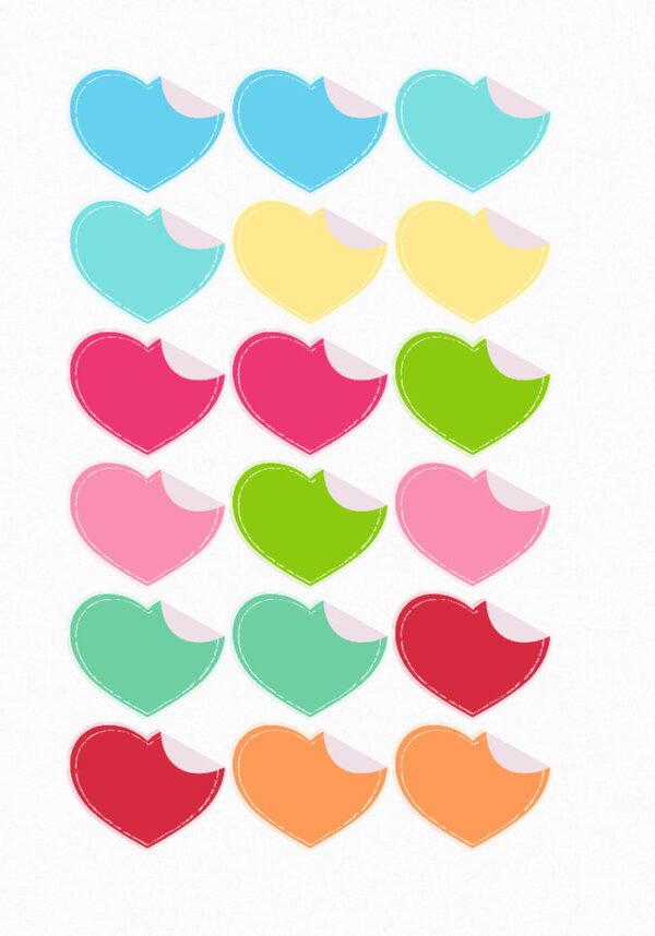 Une planche de dix-huit stickers en forme de cœurs, présentés dans une variété de couleurs pastel et vives : bleu ciel, vert menthe, jaune pâle, rose fuchsia, rose clair, vert anis, rouge, et orange. Chaque cœur a un bord pointillé et un petit coin replié, donnant l'impression d'un sticker fraîchement décollé. L'ensemble est lumineux et joyeux, parfait pour les projets créatifs et la décoration. crées par véronique, créatrice de stickers