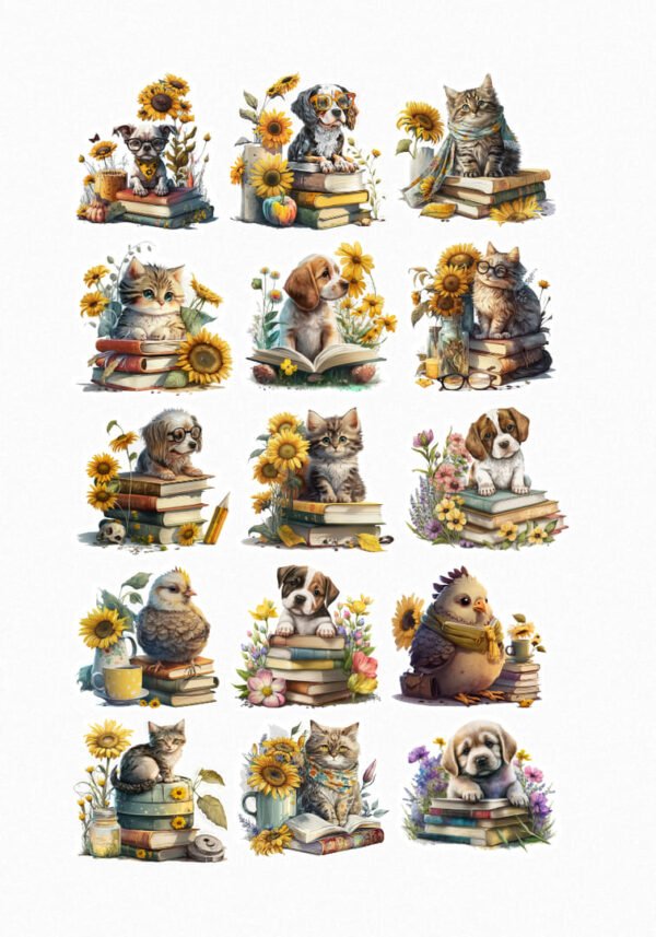 Une planche de quinze stickers représentant des animaux mignons (chiens, chats, oiseaux) assis ou couchés sur des piles de livres, entourés de tournesols et d'autres fleurs. Certains animaux portent des lunettes ou tiennent des crayons, évoquant une ambiance studieuse et adorable. crées par véronique créatrice de stickers