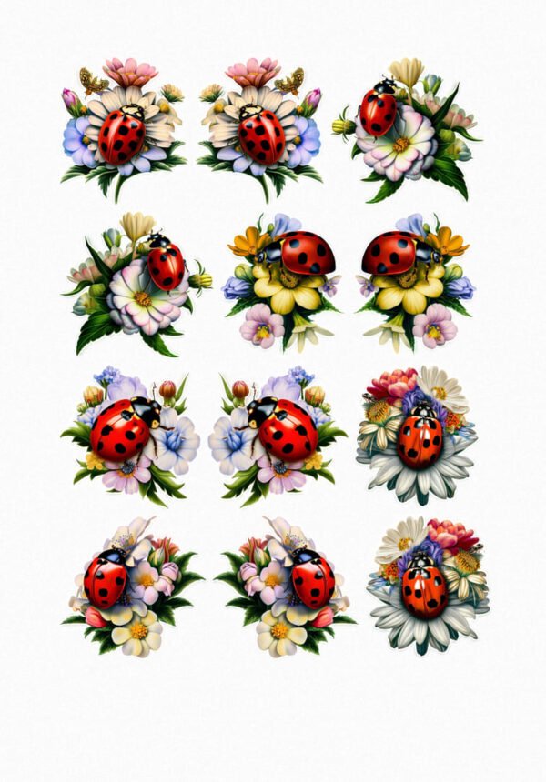 Une planche de douze stickers représentant des coccinelles rouges à points noirs posées sur des bouquets de fleurs variées (marguerites, cosmos, etc.) dans un style aquarelle délicat. Chaque coccinelle est unique et les fleurs ont des couleurs douces (rose, blanc, jaune, bleu). crées par véronique, créatrice de stickers