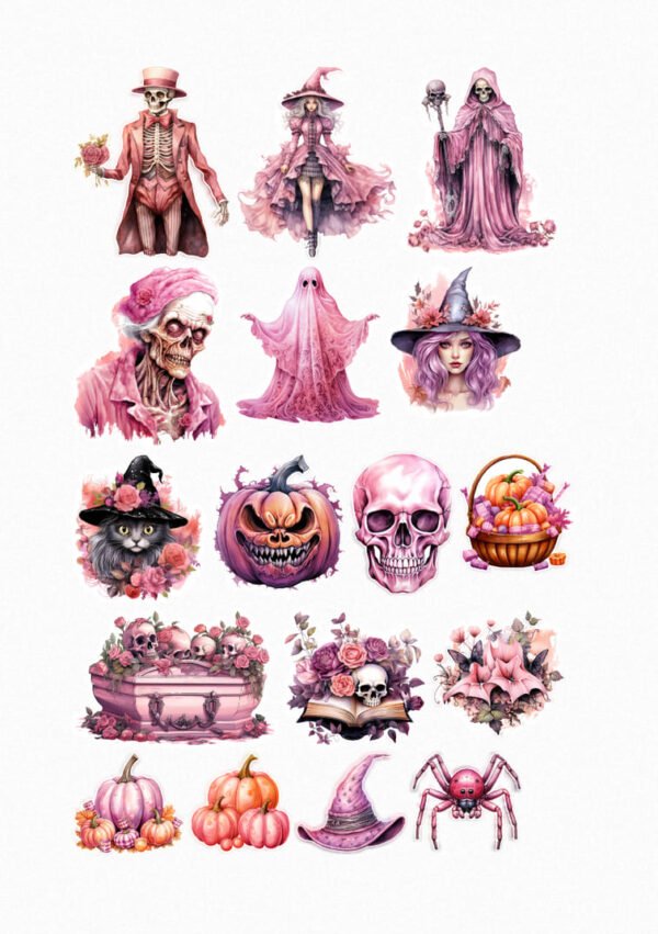 Une planche de seize stickers de style aquarelle ou peinture digitale, sur le thème d'Halloween avec une prédominance de rose. On y voit des squelettes élégants en costumes roses, des sorcières avec des chapeaux pointus et des robes amples, des crânes ornés de fleurs, des citrouilles souriantes et des compositions florales macabres. La planche inclut également un chat noir avec un chapeau de sorcière, un fantôme, une araignée et un cercueil. Les couleurs dominantes sont diverses nuances de rose, de violet, de gris et de noir. crées par véronique, créatrice de stickers