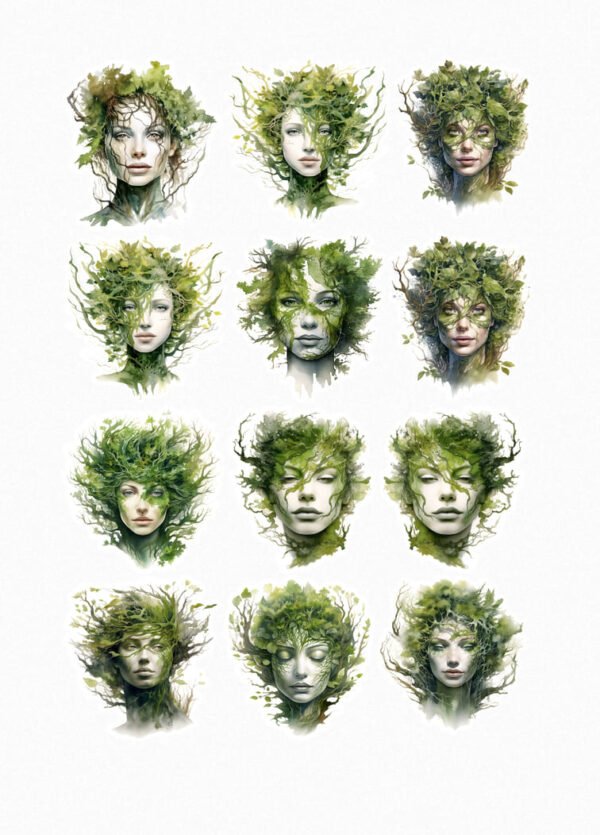 Une planche de douze stickers de style illustration artistique ou peinture numérique, représentant des visages de femmes fusionnant avec la végétation. Leurs cheveux et parfois une partie de leur visage sont composés de feuilles, de branches, de lianes et de mousses dans des teintes de vert variées. Les visages ont des expressions sereines et contemplatives, évoquant une connexion profonde avec la nature. Les illustrations sont détaillées avec des jeux de lumière et d'ombre qui donnent du volume aux feuillages. crées par véronique, créatrice de stickers