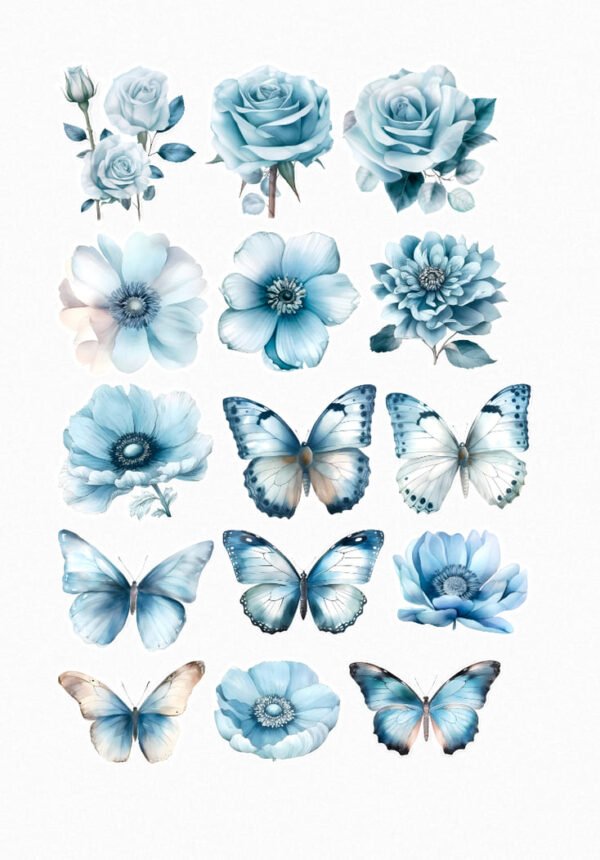 Une planche de seize stickers de style aquarelle sur fond blanc, représentant des papillons et des fleurs dans des tons de bleu et de blanc. Les fleurs sont des roses, des pivoines et des anémones ouvertes, et les papillons ont des motifs détaillés sur leurs ailes, certains avec des dégradés de bleu. crées par véronique, créatrice de stickers