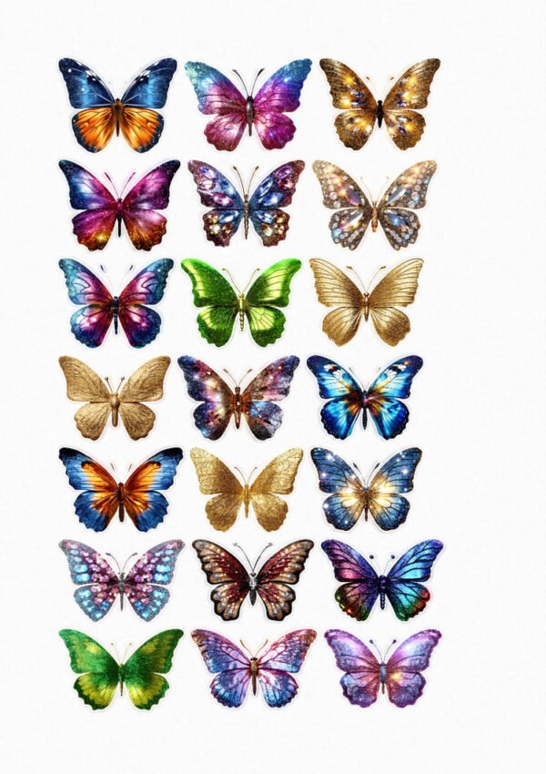 Une planche de vingt stickers de style réaliste et vibrant, représentant des papillons aux ailes ouvertes, affichant une multitude de couleurs et de motifs complexes. Les teintes incluent le bleu, le violet, le rose, le vert, le orange et le doré. Leurs ailes sont détaillées avec des veines et des textures qui donnent un effet de brillance ou d'iridescence, capturant la lumière. crées par véronique, créatrice de stickers