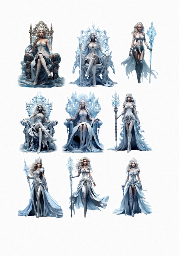 Une planche de neuf stickers de style fantastique et réaliste, représentant des reines des glaces ou des princesses des neiges. Elles sont vêtues de robes longues et élégantes aux teintes de blanc, gris et bleu pâle, ornées de motifs glacés ou cristallins. Certaines sont assises sur des trônes de glace imposants, et d'autres tiennent des sceptres de glace. Leurs cheveux sont blonds ou blancs, longs et flottants. crées par véronique, créatrice de stickers