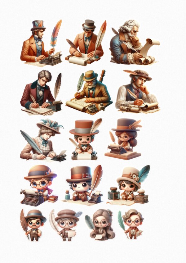 Une planche de seize stickers de style illustration digitale ou cartoon, représentant des personnages masculins et féminins inspirés de l'esthétique steampunk et du 19ème siècle. Ils sont vêtus de costumes élégants avec des chapeaux hauts-de-forme, des lunettes de protection et des plumes. La plupart des personnages sont en train d'écrire avec des plumes sur du papier ou d'utiliser des machines à écrire vintage. Certains sont des versions chibi ou kawaii de ces personnages. Les couleurs dominantes sont des tons de marron, ocre, cuivre, vert et bleu, avec des touches de blanc et de gris. crées par véronique, créatrice de stickers