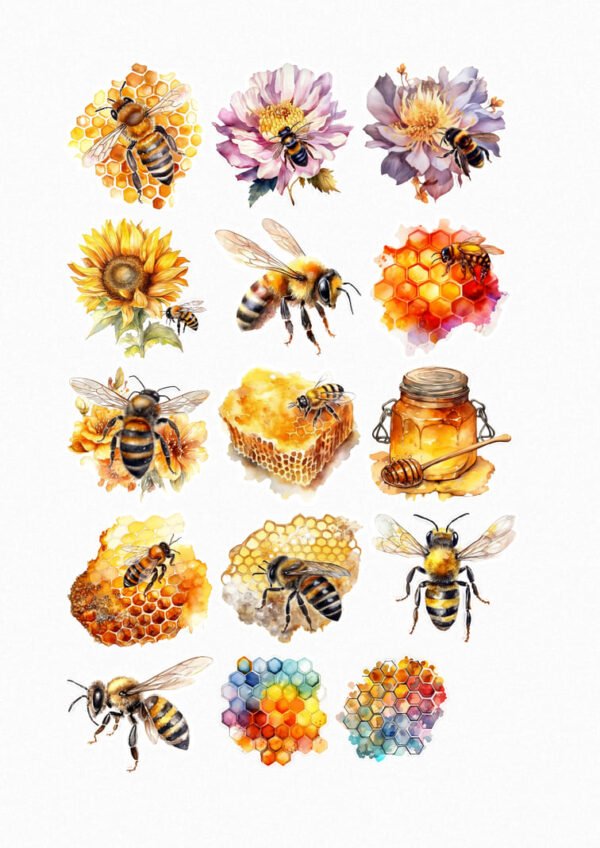 Une planche de quinze stickers de style aquarelle sur fond blanc, représentant des abeilles mellifères, des nids d'abeilles (alvéoles) avec du miel, des fleurs comme des tournesols, et un pot de miel avec une cuillère. Les abeilles sont détaillées et les couleurs des alvéoles sont vives et dégradées, évoquant le miel et la cire. crées par Véronique, créatrice de stickers