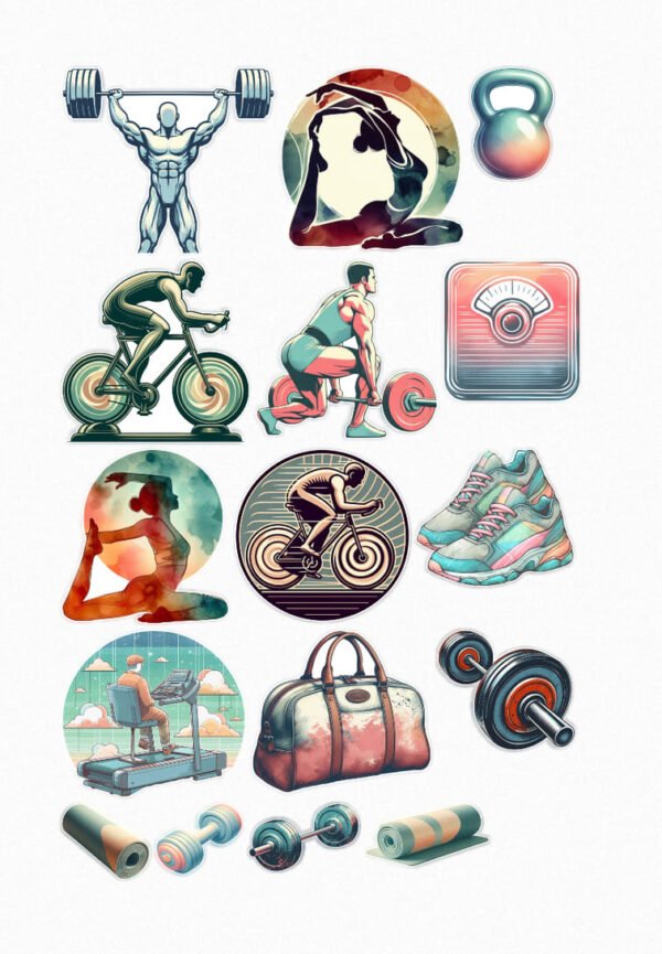 Une planche de seize stickers représentant des illustrations de style aquarelle sur le thème du sport et du fitness. On y voit des haltérophiles, un homme sur un vélo d'appartement, une femme faisant du yoga, une kettlebell, une balance, des baskets de sport, un sac de sport, des haltères et un tapis de yoga. Les couleurs sont vives et dynamiques, avec des dégradés. crées par véronique créatrice de stickers