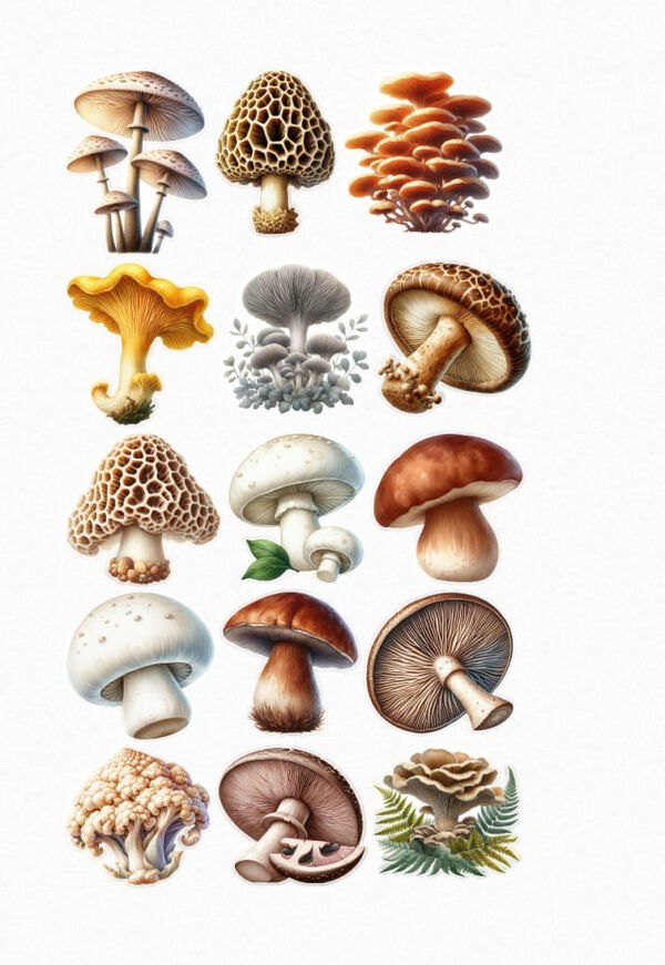Une planche de seize stickers représentant des champignons de diverses espèces et formes, illustrés dans un style réaliste et délicat. On y voit des morilles, des cèpes, des pleurotes, des champignons de Paris, et d'autres variétés, présentés entiers ou avec des détails sur leurs dessous (lamelles). Les couleurs varient du blanc au marron, en passant par le jaune et l'orange. crées par véronique, créatrice de stickers