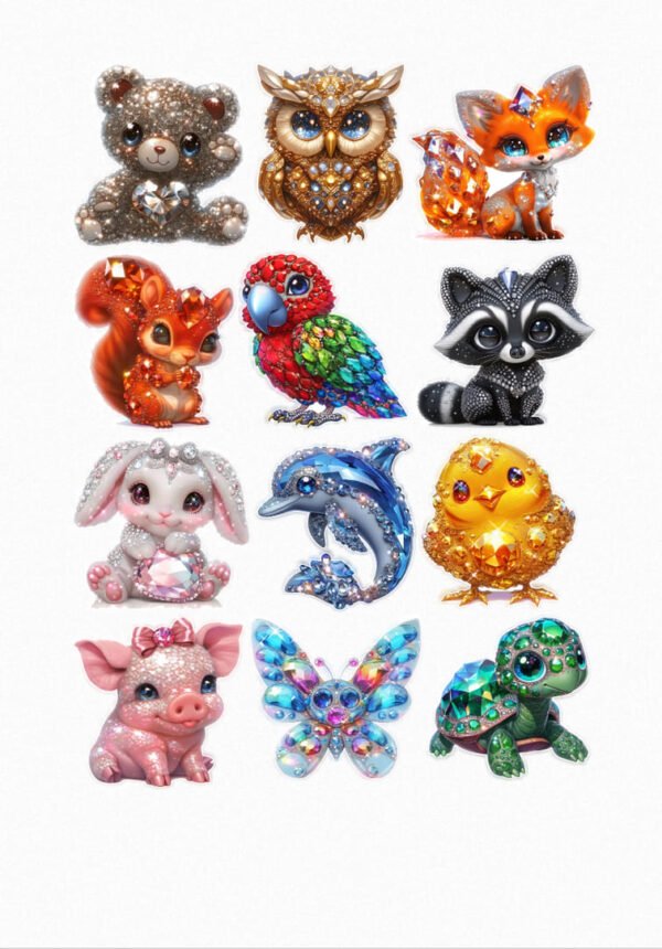 Une planche de douze stickers de style cartoon ou chibi représentant des animaux recouverts de textures brillantes comme des paillettes ou des cristaux. On y voit un ours en peluche, un hibou, un renard, un écureuil, un perroquet, un raton laveur, un lapin, un dauphin, un poussin, un cochon, un papillon et une tortue, tous avec des yeux expressifs et des couleurs vives. crées par véronique, créatrice de stickers