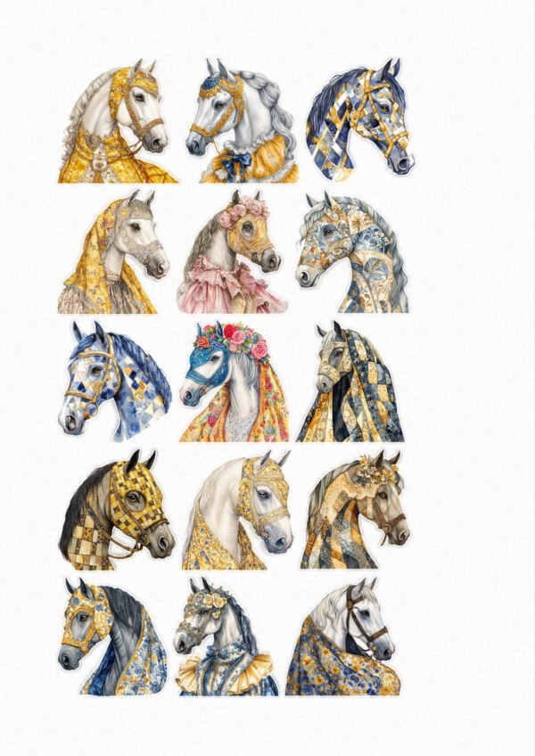 Une planche de seize stickers représentant des têtes de chevaux et des bustes partiels de chevaux de différentes races, ornés de caparaçons, de harnais et de couvertures brodées de motifs complexes. Les motifs sont géométriques ou floraux, et les couleurs dominantes sont le doré, le bleu, le marron, le blanc et le rose pâle, dans un style qui évoque la peinture ou l'aquarelle avec des textures riches. crées par véronique, créatrice de stickers