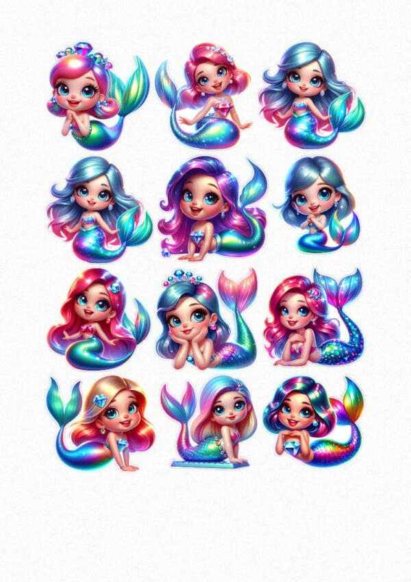 Une planche de douze stickers de style cartoon ou chibi, représentant de jeunes sirènes aux grands yeux expressifs et aux chevelures colorées (rose, bleu, violet, blond). Leurs queues de poisson sont iridescentes, avec des dégradés de couleurs vives (bleu, violet, rose, vert). Elles sont dans diverses poses, assises, allongées, ou flottant, certaines avec des accessoires comme des couronnes ou des coquillages. crées par véronique, créatrice de stickers
