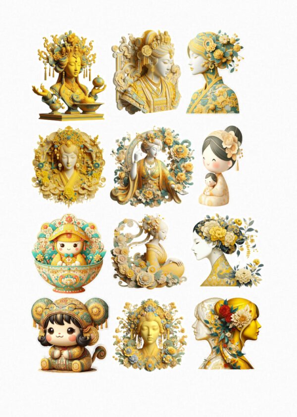 Une planche de douze stickers de style illustration digitale détaillée, représentant des figures féminines et infantiles inspirées de l'art asiatique, ornées de couronnes, de coiffures élaborées et de bouquets de fleurs jaunes, dorées et blanches. On y voit des bustes de reines ou déesses, une mère et son enfant, et une figure enfantine dans un bol fleuri. Les motifs sont riches en détails floraux et les couleurs dominantes sont le jaune, le doré, le blanc cassé, le vert menthe et le bleu turquoise. crées par véronique, créatrice de stickers