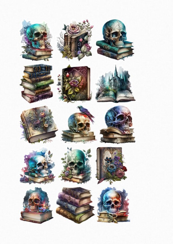 Une planche de seize stickers de style aquarelle ou peinture digitale, sur un thème gothique et mystique. On y voit des crânes humains ornés de fleurs et de papillons, souvent posés sur des piles de livres anciens aux couvertures richement décorées de motifs floraux. Une image représente une cathédrale sombre et imposante sortant d'un livre ouvert. Les couleurs dominantes sont le bleu, le violet, le vert émeraude, le gris et le blanc cassé, avec des touches de rose et de rouge. crées par véronique créatrice de stickers