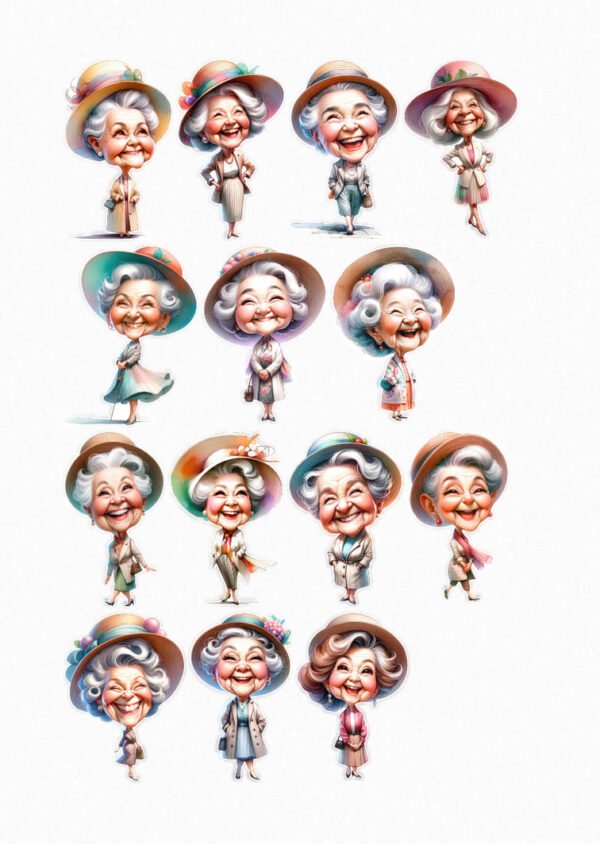 Une planche de seize stickers de style cartoon ou caricature, représentant des femmes âgées aux cheveux gris, souvent vêtues de tenues élégantes et de chapeaux colorés, avec des expressions joyeuses et riantes. Elles sont dans diverses poses, debout, avec les mains dans les poches ou les bras croisés, et leurs visages expressifs mettent en avant leur sourire. crées par véronique, créatrice de stickers