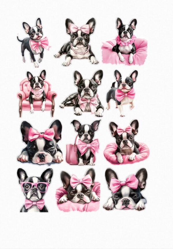 Une planche de seize stickers de style cartoon ou réaliste, représentant des Boston Terriers et des Bouledogues Français, souvent ornés de nœuds papillon roses, de colliers de perles ou de lunettes roses. Ils sont dans diverses poses, assis, allongés, sur un fauteuil rose, ou blottis dans un lit douillet. Leurs expressions sont mignonnes et tendres. crées par véronique, créatrice de stickers