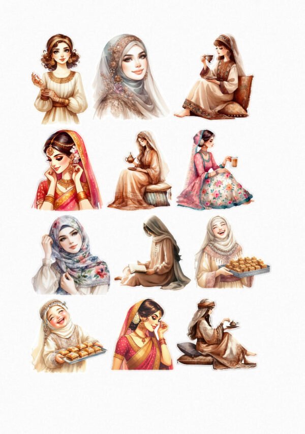 Une planche de douze stickers représentant des femmes d'origine orientale ou du Moyen-Orient, vêtues de hijabs, de robes traditionnelles ou de saris colorés, dans diverses poses évoquant la grâce et la culture. Certaines tiennent des tasses de thé, d'autres présentent des pâtisseries, et une femme est assise et lit un livre. Les illustrations sont de style aquarelle, avec des détails sur les bijoux et les voiles. crées par véronique, créatrice de stickers