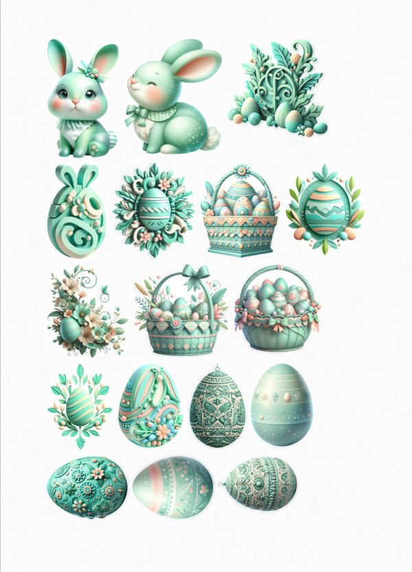 Une planche de seize stickers de style vintage et printanier, sur le thème de Pâques. On y voit des lapins mignons de couleur menthe, des paniers garnis d'œufs de Pâques décorés, et divers œufs de Pâques ornés de motifs délicats (floraux, géométriques, dentelle). Les couleurs dominantes sont le vert menthe, le rose pastel, le blanc cassé et le beige. crées par véronique, créatrice de stickers