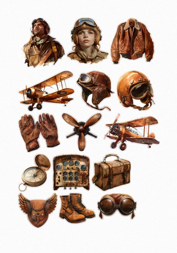 Une planche de seize stickers de style vintage et réaliste, sur le thème de l'aviation ancienne. On y voit des aviateurs et aviatrices avec leurs casques en cuir et leurs lunettes, une veste de pilote en cuir, des biplans, des hélices, des gants en cuir, une boussole, un tableau de bord d'avion, une mallette et des bottes de pilote. Les couleurs sont des tons de marron, beige et doré, évoquant le cuir et le bois. crées par véronique, créatrice de stickers