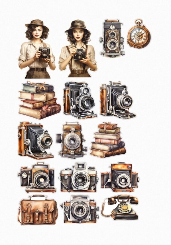Une planche de seize stickers de style vintage et réaliste, sur le thème de la photographie ancienne. On y voit des femmes photographes vêtues de tenues rétro avec des chapeaux, manipulant des appareils photo vintage à soufflet ou des appareils photo box. La planche inclut également des piles de vieux livres, diverses caméras anciennes de formats variés, une horloge de poche à gousset, un sac en cuir pour appareil photo, et un téléphone à cadran rotatif. Les couleurs sont des tons de marron, beige, gris et noir, évoquant le cuir, le bois et le métal. crées par véronique, créatrice de stickers