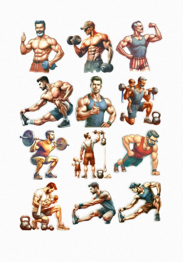 Une planche de seize stickers représentant des illustrations d'hommes musclés en pleine séance d'entraînement. On les voit soulevant des poids, faisant des étirements, des pompes, ou des squats avec haltères, certains avec des bébés ou des kettlebells. Le style est dynamique et met en valeur la musculature. crées par véronique, créatrice de stickers
