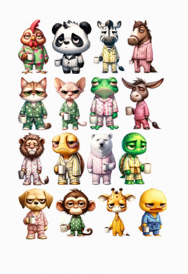 Une planche de seize stickers de style cartoon ou chibi, représentant divers animaux (coq, panda, zèbre, cheval, chat, sphinx, grenouille, âne, lion, caméléon, ours polaire, tortue, chien, singe, girafe, canard) vêtus de pyjamas colorés et tenant une tasse de café ou de thé, avec des expressions souvent somnolentes ou boudeuses. crées par véronique, créatrice de stickers
