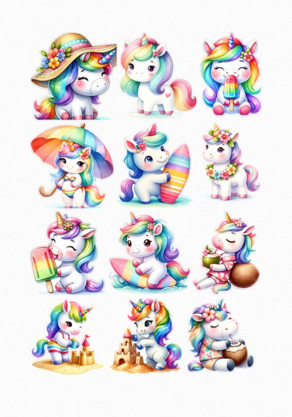 Une planche de douze stickers de style illustration de dessin animé, représentant des licornes adorables avec des crinières et queues arc-en-ciel. Elles sont mises en scène dans des activités estivales : portant des chapeaux de soleil fleuris, tenant des glaces ou sucettes glacées, avec des planches de surf, des parapluies de plage colorés, des colliers de fleurs, construisant des châteaux de sable, ou buvant dans des noix de coco. Les couleurs sont vives et gaies, avec des accents pastel. L'ensemble est mignon, joyeux et plein de fantaisie. crées par véronique, créatrice de stickers