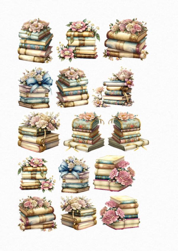Une planche de seize stickers de style illustration ou peinture numérique, représentant des piles de livres anciens aux reliures décorées et aux couleurs pastel. Chaque pile de livres est ornée de bouquets de fleurs délicates dans des tons de rose pâle, crème et beige. Certaines piles sont également agrémentées de rubans (bleu pâle) ou de petits nœuds. L'ensemble dégage une ambiance romantique, vintage et apaisante, inspirée par la lecture et la nature. crées par véronique, créatrice de stickers