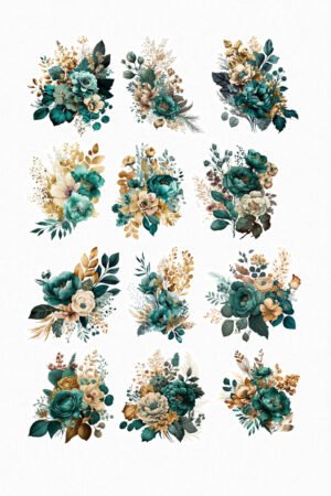 Bouquets floraux sarcelle et or