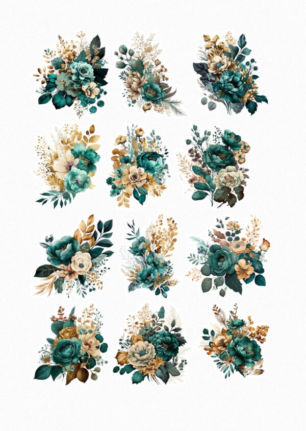 Une planche de douze stickers de style illustration aquarelle détaillée, représentant des bouquets et compositions de fleurs dans des tons de sarcelle (teal), vert-bleu foncé et doré. On y voit des roses, des pivoines, des feuilles exotiques et des éléments floraux séchés ou stylisés en or. Les compositions sont riches et texturées, évoquant une ambiance à la fois vintage, bohème et luxueuse. crées par véronique, créatrice de stickers